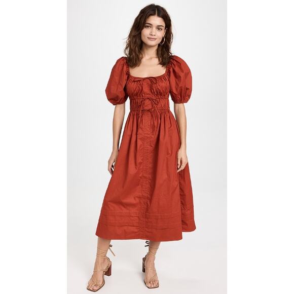 En Saison Dresses & Skirts - En Saison Cognac Sveta Puff Sleeve Tie Front Cotton Midi Dress Womens XS